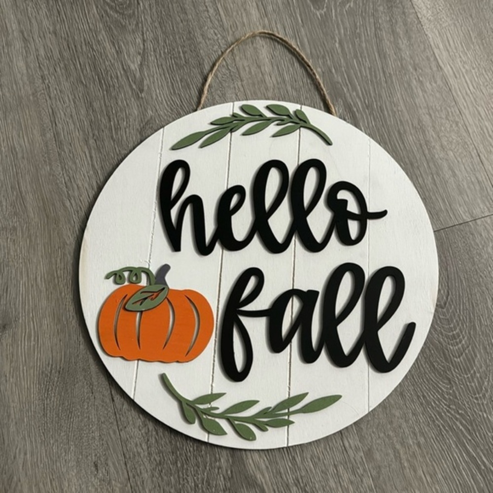 Hello Fall Home Decor Wall Front Door Hanging Sign Mantle Pumpkin Rustic